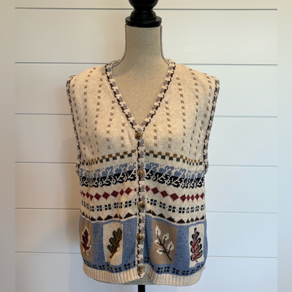 Vintage Cascade Blues Fall Knit Button-Up Vest with Leaf Pattern Size XL
